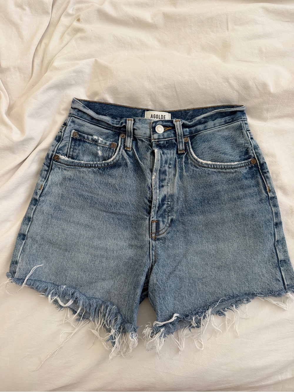 Agolde Light Blue High-Rise Frayed Hem Denim Shorts